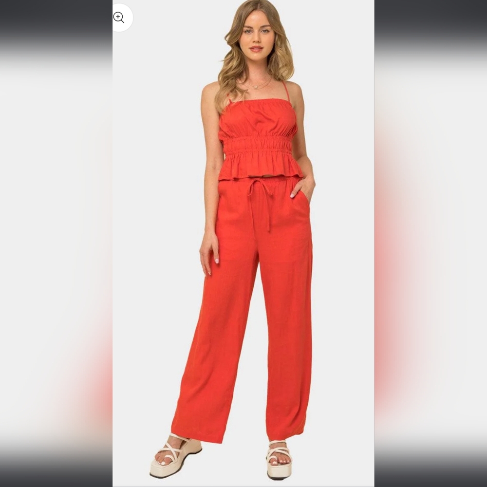 NWT RUCHED LINEN CAMI TOP & ELASTIC WAIST PANTS SET. MED & LARGE